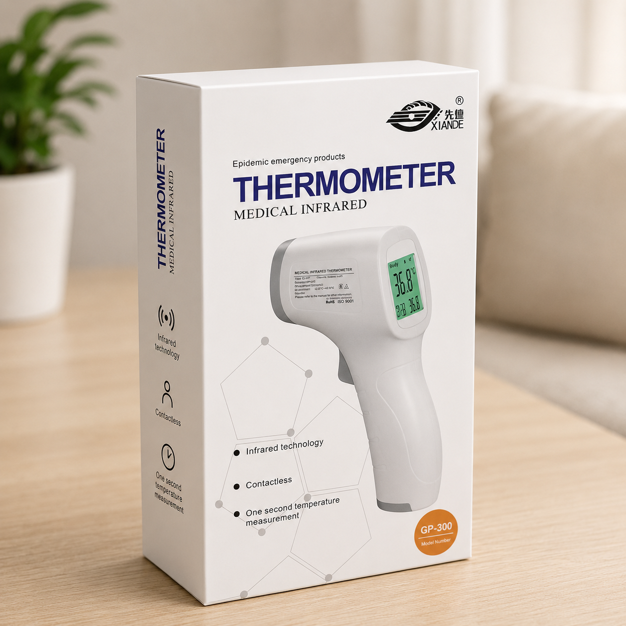 Xiande GP-300 Non Contact Infrared Thermometer, Switchable between Celsius (°C) and Fahrenheit (°F), Fever alarm with color temperature indication