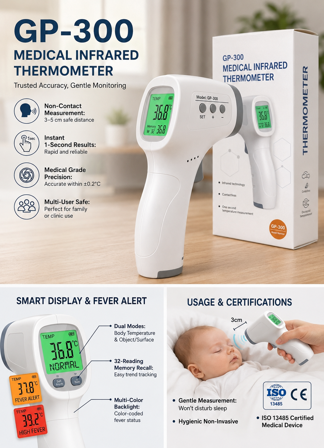 Xiande GP-300 Non Contact Infrared Thermometer, Switchable between Celsius (°C) and Fahrenheit (°F), Fever alarm with color temperature indication
