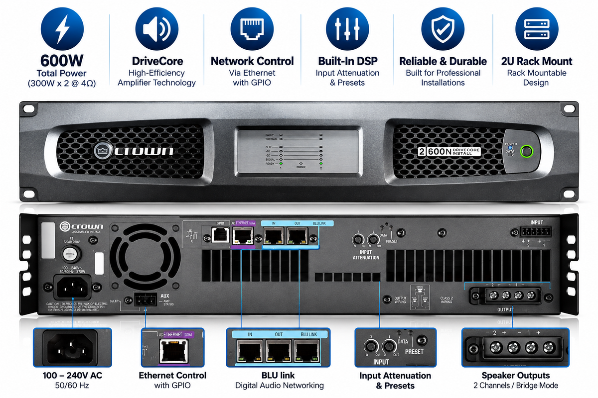 Crown Audio DCI 2|600N DriveCore Install 2-Channel 600W Network Amplifier with BLU Link