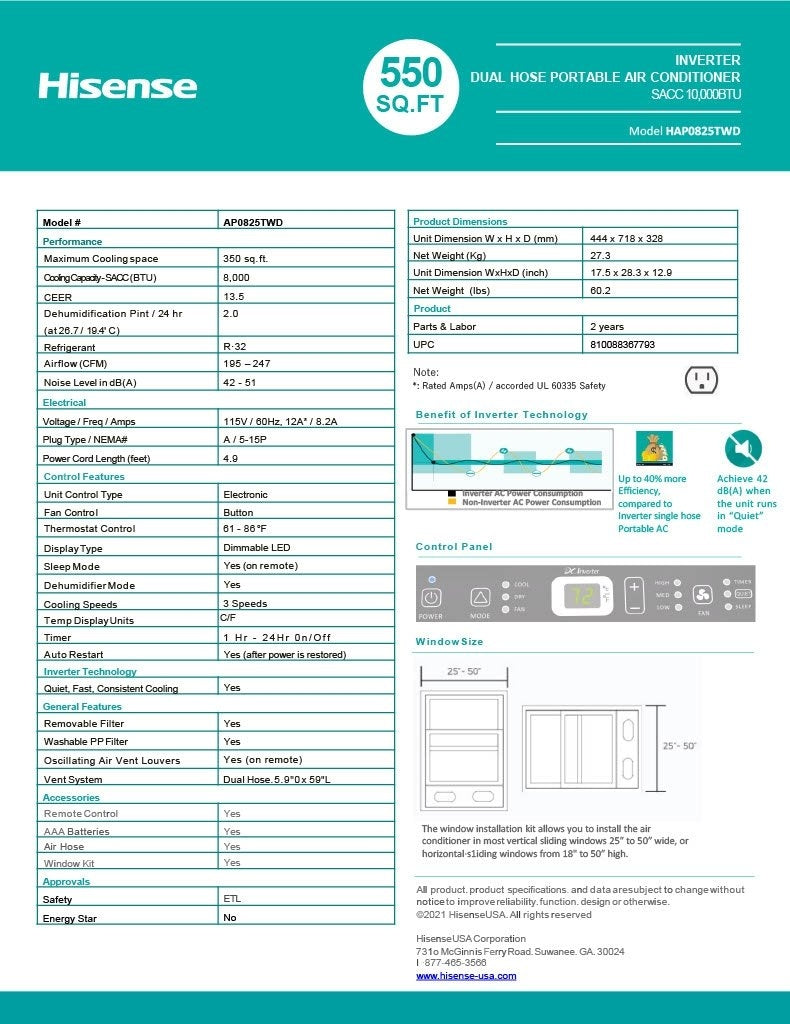 Hisense 8,000 BTU DOE/SACC (10,000 ASHRAE) 350 Sq Ft Dual Hose Smart Portable Air Conditioner with Inverter & Wi-Fi, 3-in-1 Cool, Dehumidify, and Fan Functions, 42 dB(A), Remote Control, Window Kit - HAP0825TWD