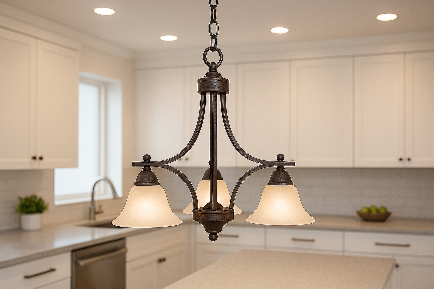 Sunset Lighting 3-Light Chandelier w/ Faux Alabaster Glass, Painted Pewter Finish - F5160-54