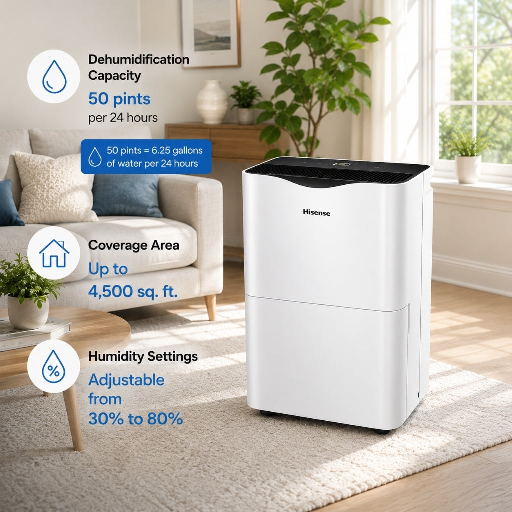 Hisense 50 Pint Dehumidifier 300 sq. ft Slide-out Bucket with Easy-carry Handle, 3 Speeds (Lo, Hi, Auto), Up to 4500 sq ft., Auto shut-off, Quiet 48 dB, 115v, - DH5023KP