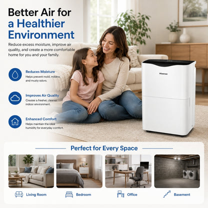 Hisense 50 Pint Dehumidifier 300 sq. ft Slide-out Bucket with Easy-carry Handle, 3 Speeds (Lo, Hi, Auto), Up to 4500 sq ft., Auto shut-off, Quiet 48 dB, 115v, - DH5023KP