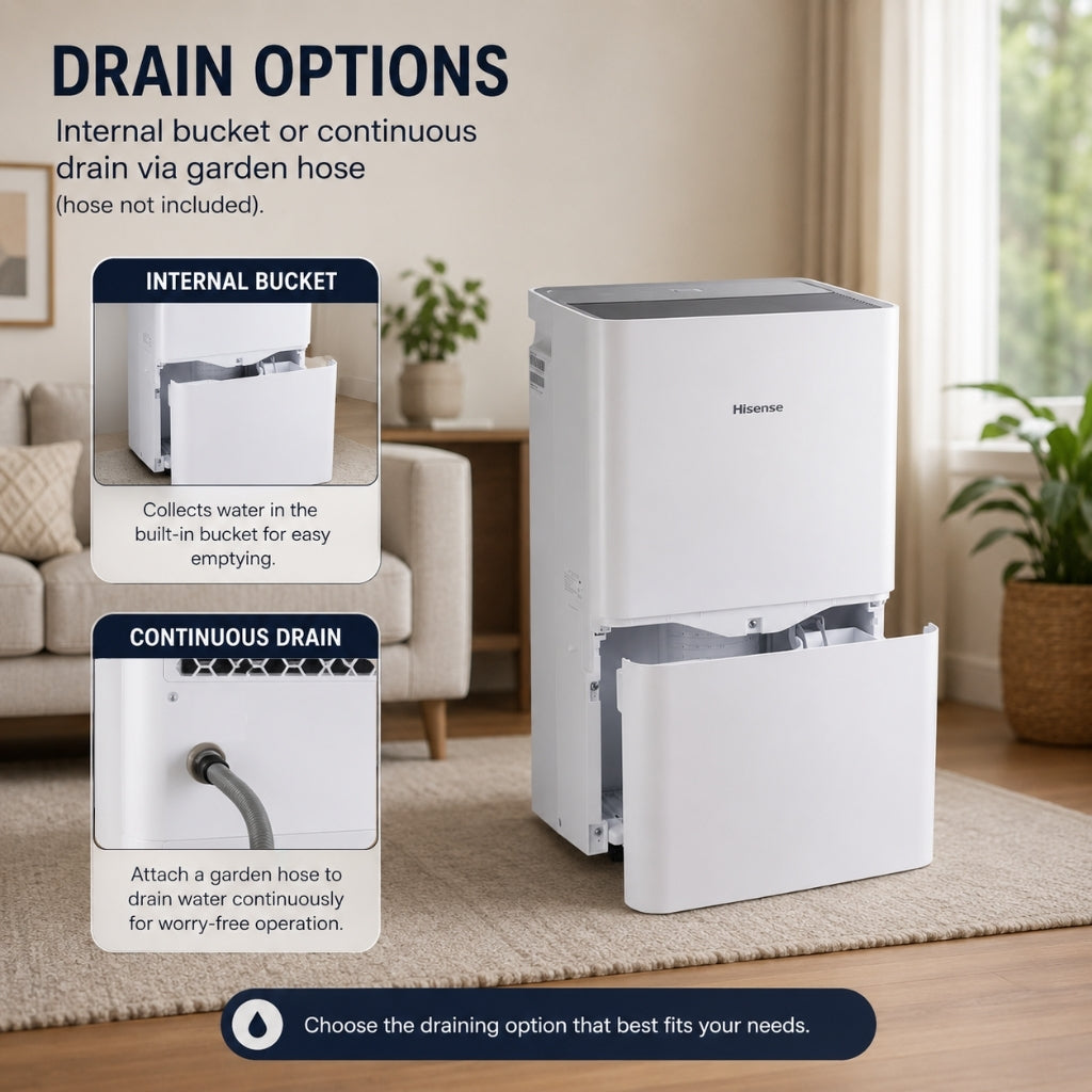 Hisense 50 Pint 3-Speeds Dehumidifier up to 4500 sq ft - DH7021K1W, 3 Modes/3 Fan Speed, 3 Modes (Auto, Continuous, Manual) - 48 dB(A) sound