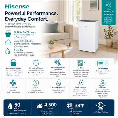 Hisense 50 Pint 3-Speeds Dehumidifier up to 4500 sq ft - DH7021K1W, 3 Modes/3 Fan Speed, 3 Modes (Auto, Continuous, Manual) - 48 dB(A) sound