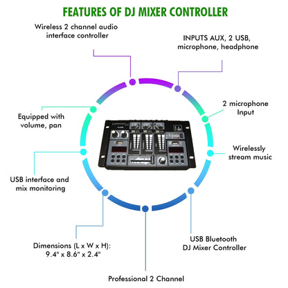 Technical Pro Professional 2 Channel USB Bluetooth DJ Mixer Controller with Inputs AUX, 2 USB, Microphone DJ4PB