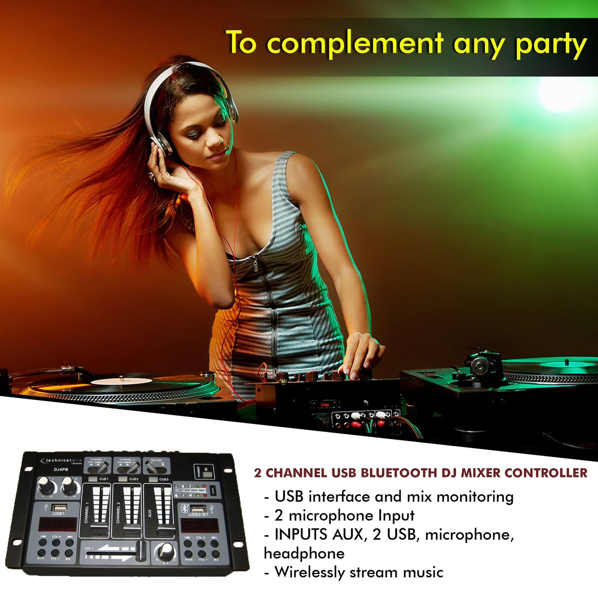 Technical Pro Professional 2 Channel USB Bluetooth DJ Mixer Controller with Inputs AUX, 2 USB, Microphone DJ4PB