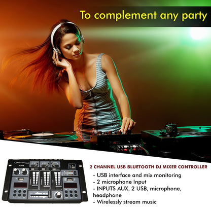 Technical Pro Professional 2 Channel USB Bluetooth DJ Mixer Controller with Inputs AUX, 2 USB, Microphone DJ4PB