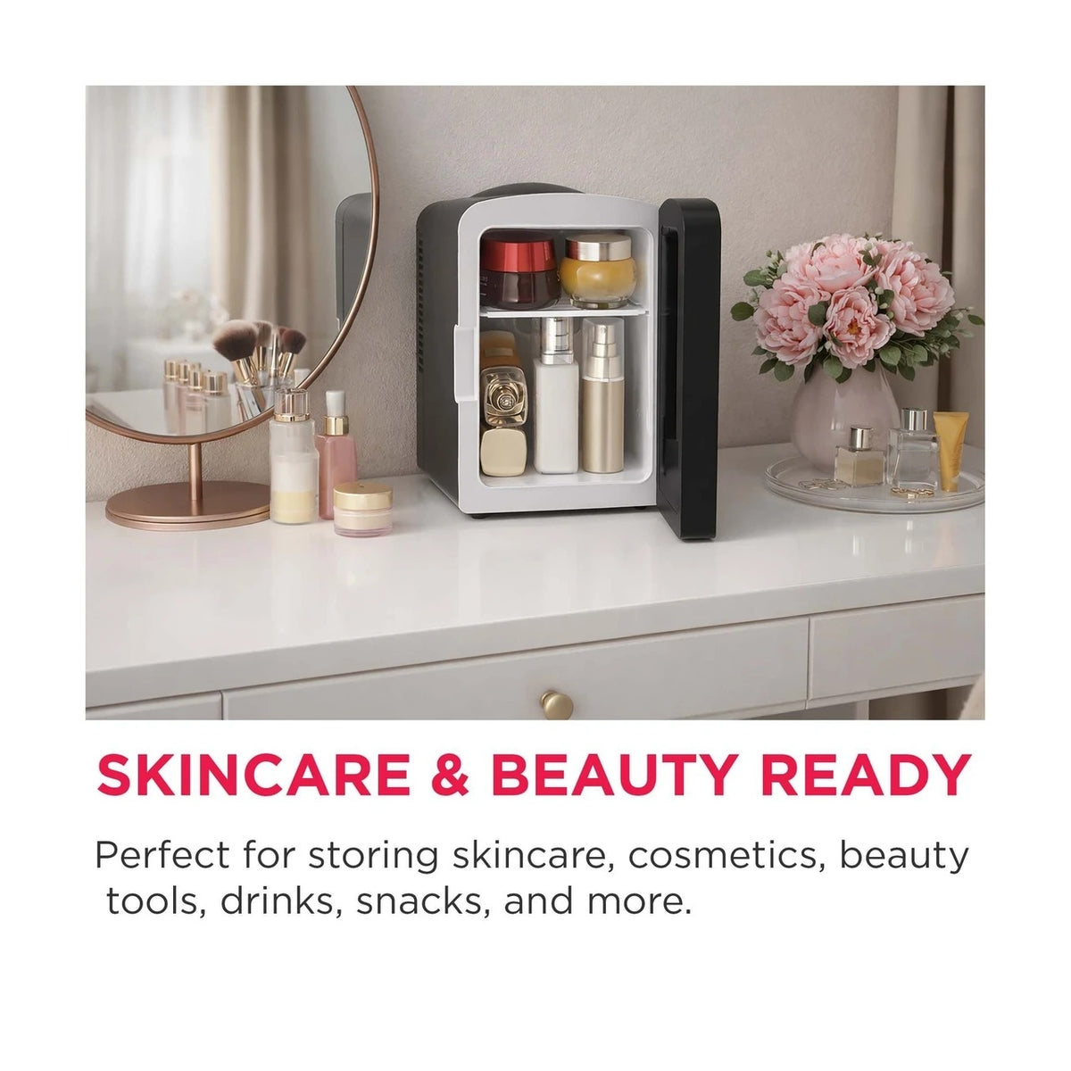 Frigidaire Skincare Cooler with Lighted Mirror Make-Up Door, Black EFBF9008-BLACK