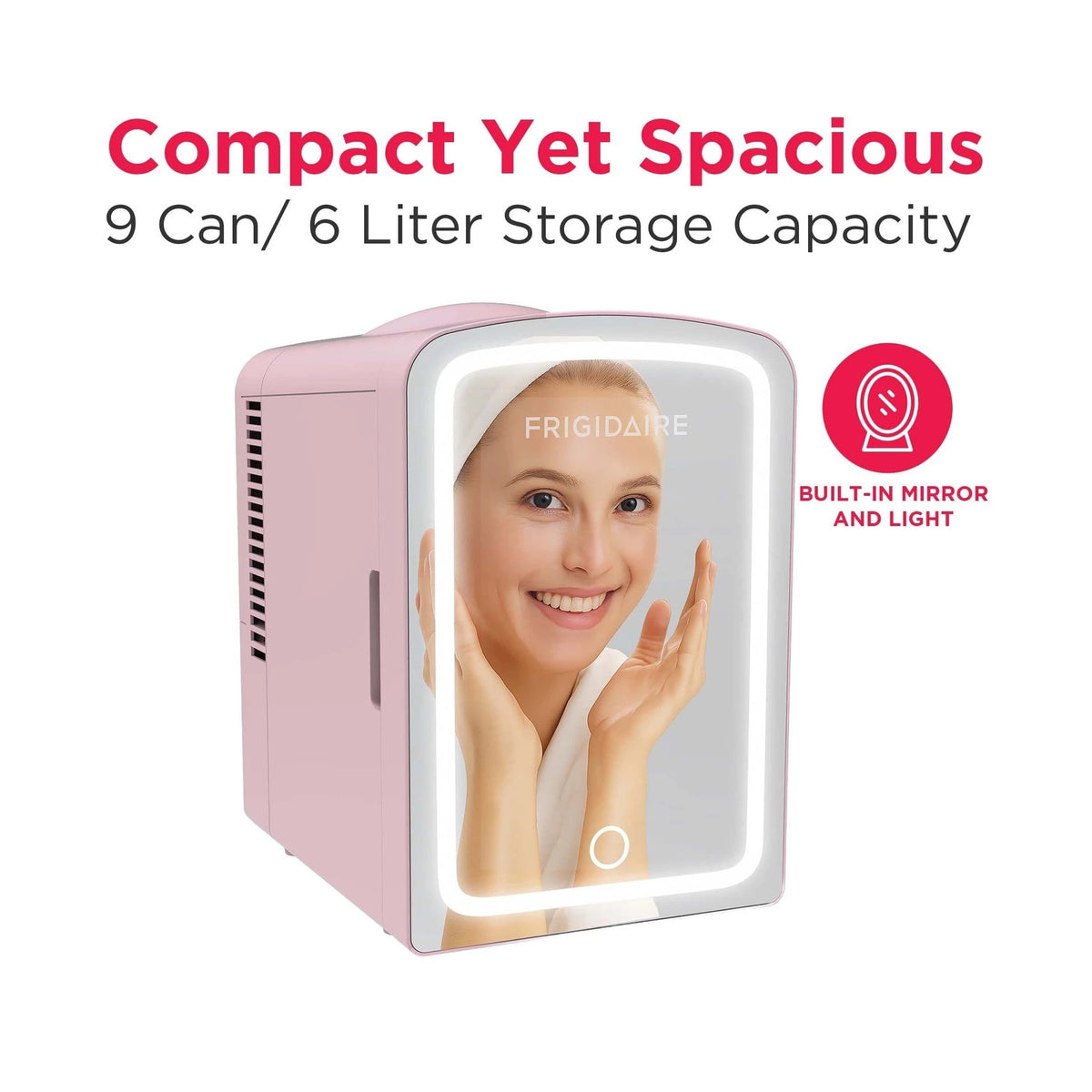 Frigidaire Skincare Cooler with Lighted Mirror Make-Up Door, Pink EFBF9008-PINK