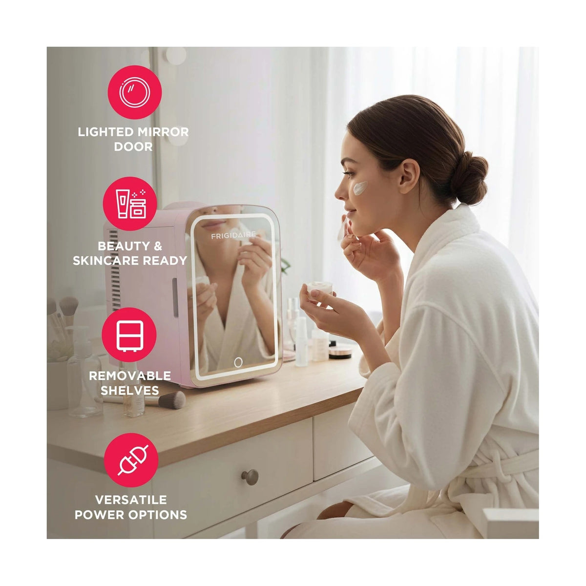 Frigidaire Skincare Cooler with Lighted Mirror Make-Up Door, Pink EFBF9008-PINK