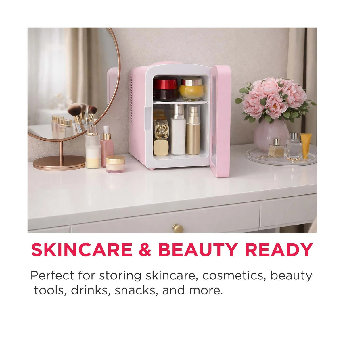 Frigidaire Skincare Cooler with Lighted Mirror Make-Up Door, Pink EFBF9008-PINK