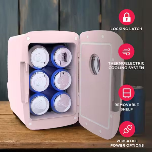 Frigidaire 9-Can/6L Retro Mini Fridge Bluetooth Pink EFMIS176-PINK, Includes 110V home power cord & 12V DC car adapter