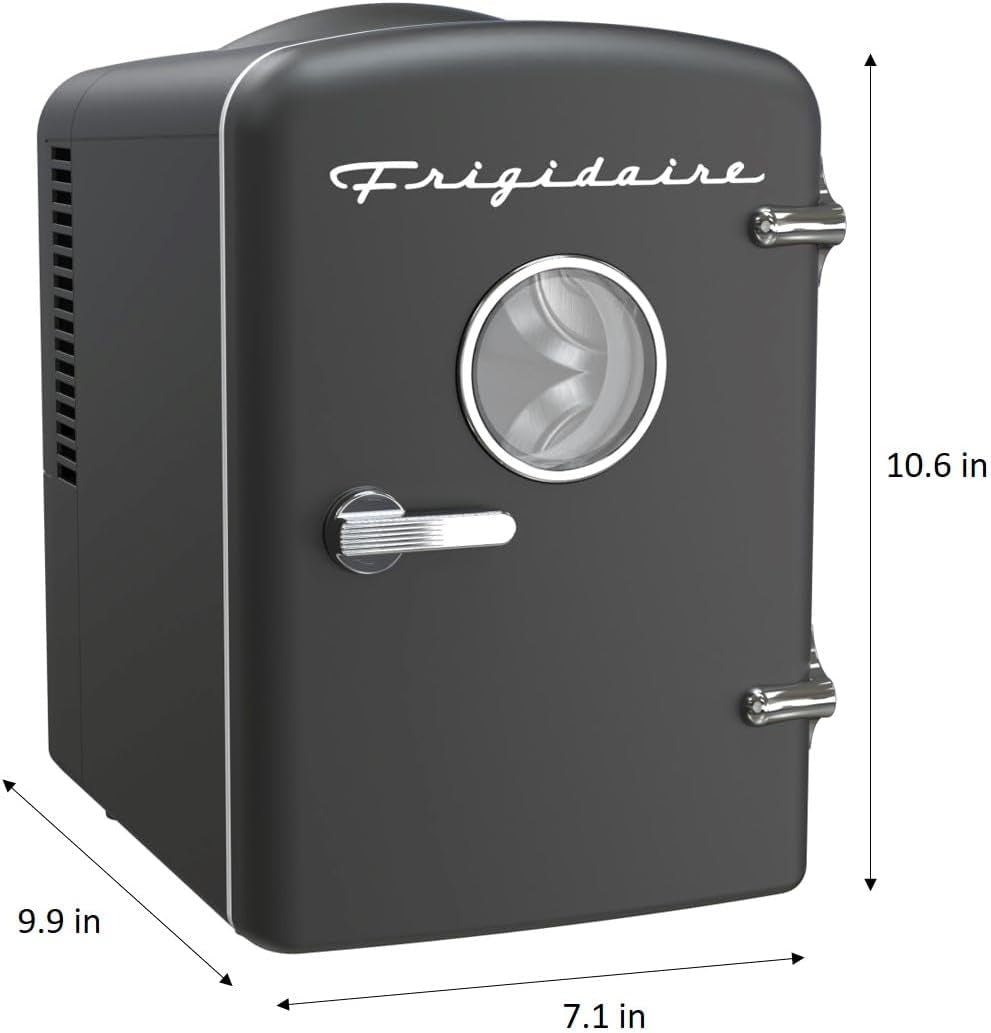 Frigidaire 6 Can/4L Mini Personal Retro Fridge Cooler, Plugs into an AC (home) outlet and comes with a 12V car adapter. - EFMIS229-BLACK