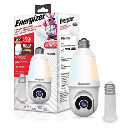 Energizer 1000 Lumens Light Bulb Camera, 2K Outdoor Smart Home Security Camera w/ Auto-Motion, White EOP1-1003-WHT