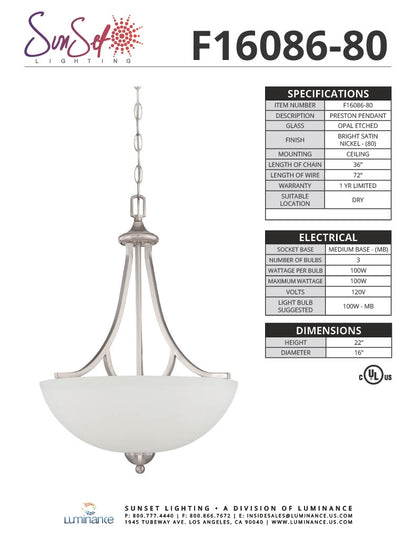 Sunset Pendant Preston 3-Lights Satin Nickel 100W - F16086-80