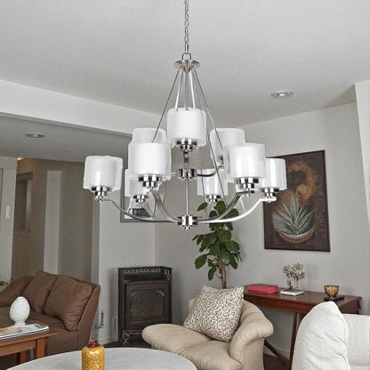 Sunset Lighting Abbot 9-Light Two Tier Chandelier - Frosted Opal Glass Bright Satin Nickel Finish F17009-80