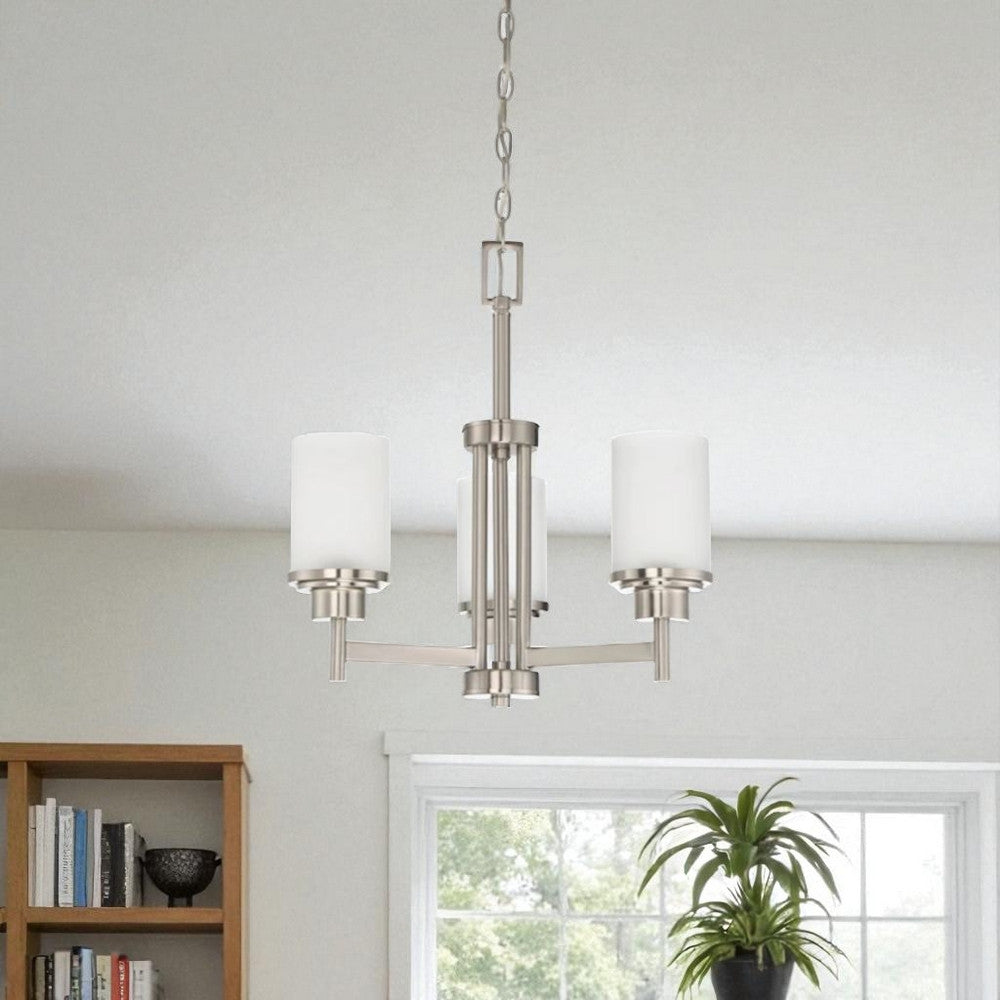 Sunset Lighting F17023-80 Somes Three Light Chandelier - Linen Glass, Dimmable - With Bright Satin Nickel Finish