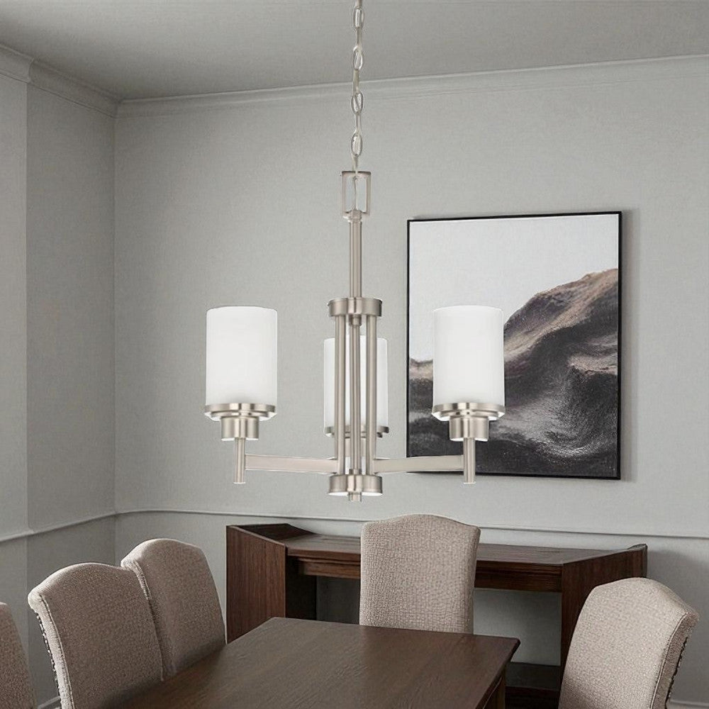 Sunset Lighting F17023-80 Somes Three Light Chandelier - Linen Glass, Dimmable - With Bright Satin Nickel Finish