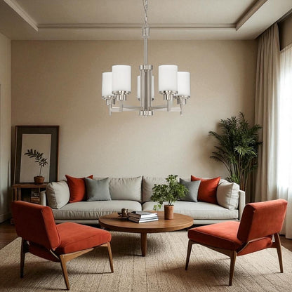 Sunset Lighting F17025-80 Somes Five Light Chandelier Linen Glass, Dimmable With Bright Satin Nickel Finish