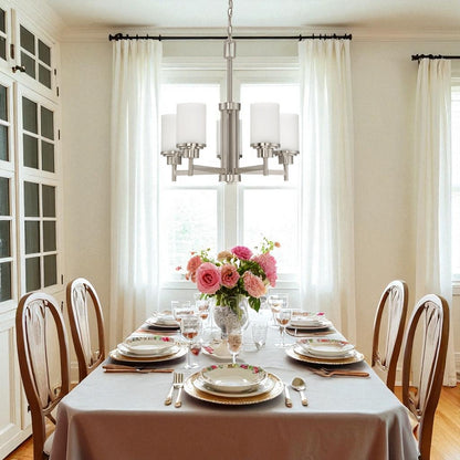 Sunset Lighting F17025-80 Somes Five Light Chandelier Linen Glass, Dimmable With Bright Satin Nickel Finish