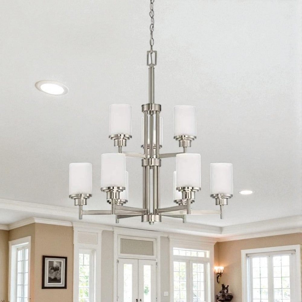 Sunset Lighting Somes 9-Light 2-Tier Chandelier Linen Glass, Dimmable w/ Bright Satin Nickel F17029-80