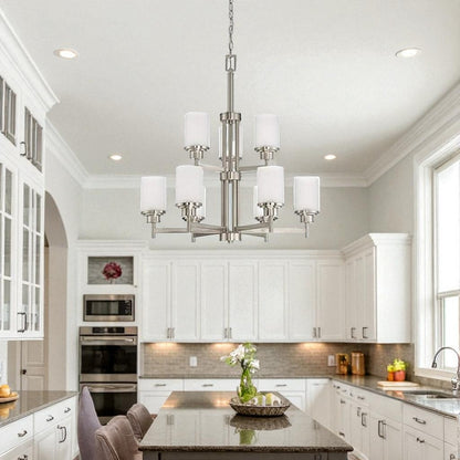 Sunset Lighting Somes 9-Light 2-Tier Chandelier Linen Glass, Dimmable w/ Bright Satin Nickel F17029-80