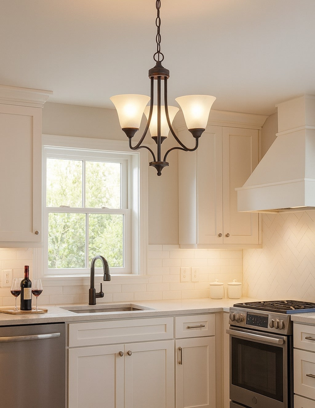 Sunset Lighting  Darby 3-Light 100W Chandelier Opal Etched Glass Dimmable -Provincial Bronze Finish F18053-64