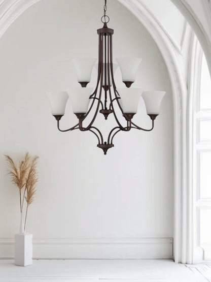 Sunset Lighting Darby 9-Light 2-Tier Chandelier 60W Opal Etched Glass, Dimmable Provincial Bronze Finish  F18059-64