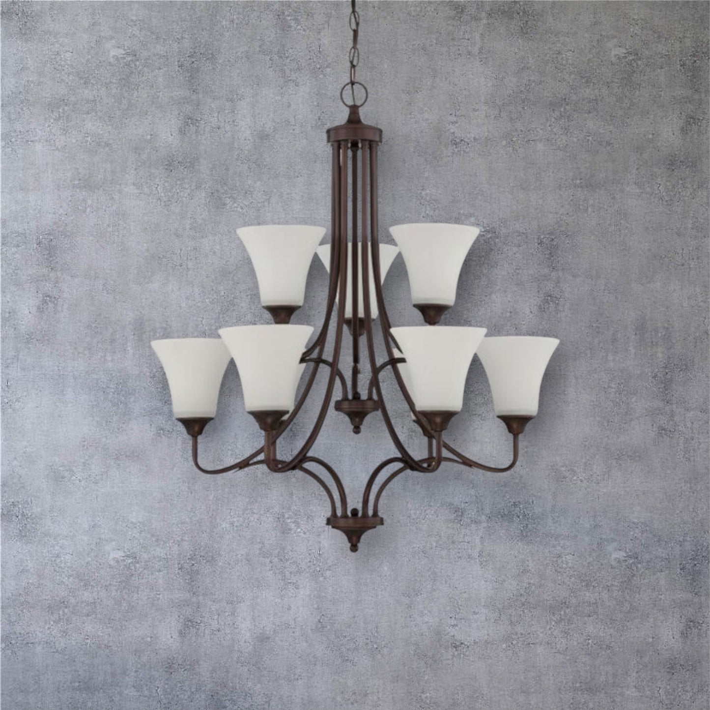 Sunset Lighting Darby 9-Light 2-Tier Chandelier 60W Opal Etched Glass, Dimmable Provincial Bronze Finish  F18059-64