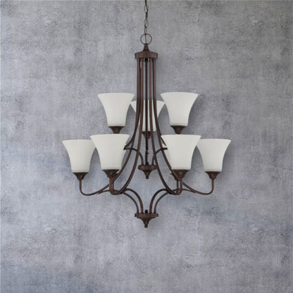 Sunset Lighting Darby 9-Light 2-Tier Chandelier 60W Opal Etched Glass, Dimmable Provincial Bronze Finish  F18059-64