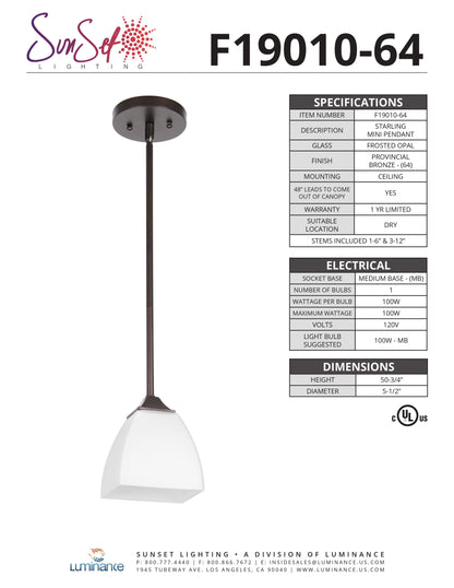 Sunset Lighting 1-Light 100W Mini Pendant Starling Mini Pendant Provincial Bronze F19010-64
