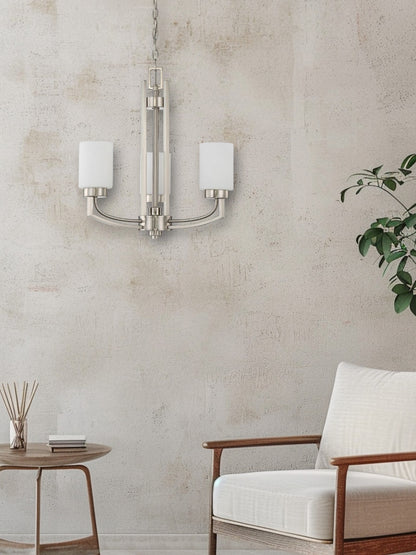 Sunset Lighting F22004-80 3-Light Hadley Chandelier Opal Glass, Dimmable - Bright Satin Nickel Finish