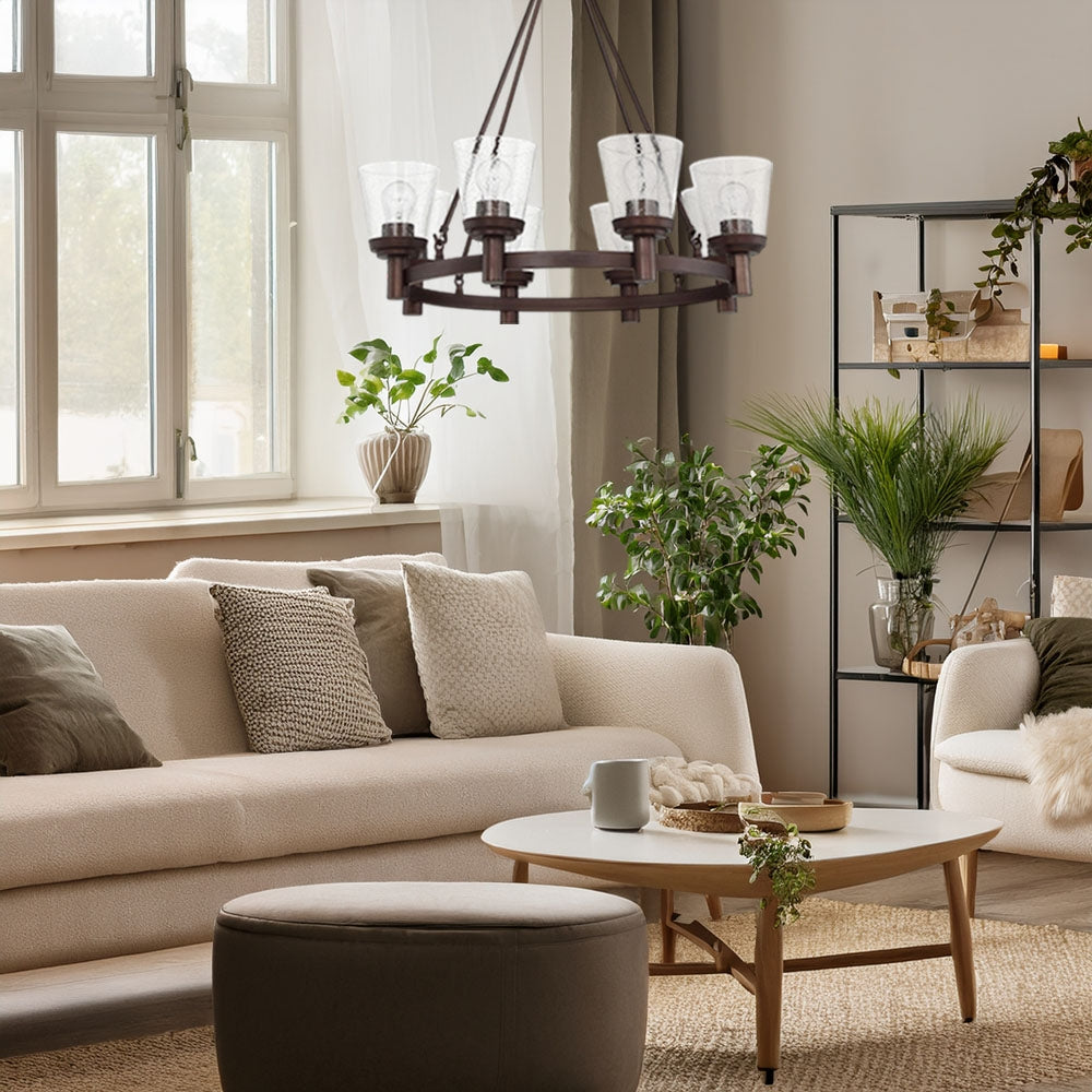 Sunset 8-Light Chandelier Cone Shaped Clear Seeded Glass Shades - Provincial Bronze F24018-64