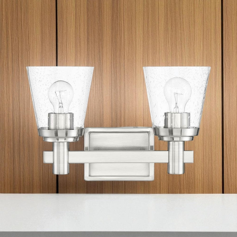 Sunset 2-Light Vanity Cone Shaped Clear Seeded Glass Shades Bright Satin Nickel F24102-80
