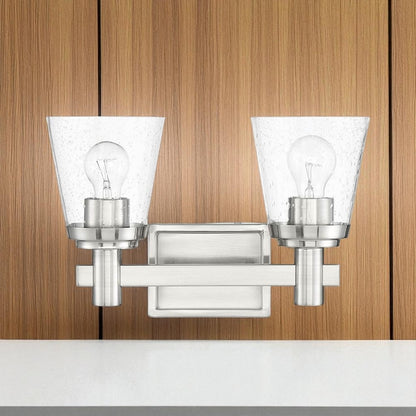 Sunset 2-Light Vanity Cone Shaped Clear Seeded Glass Shades Bright Satin Nickel F24102-80
