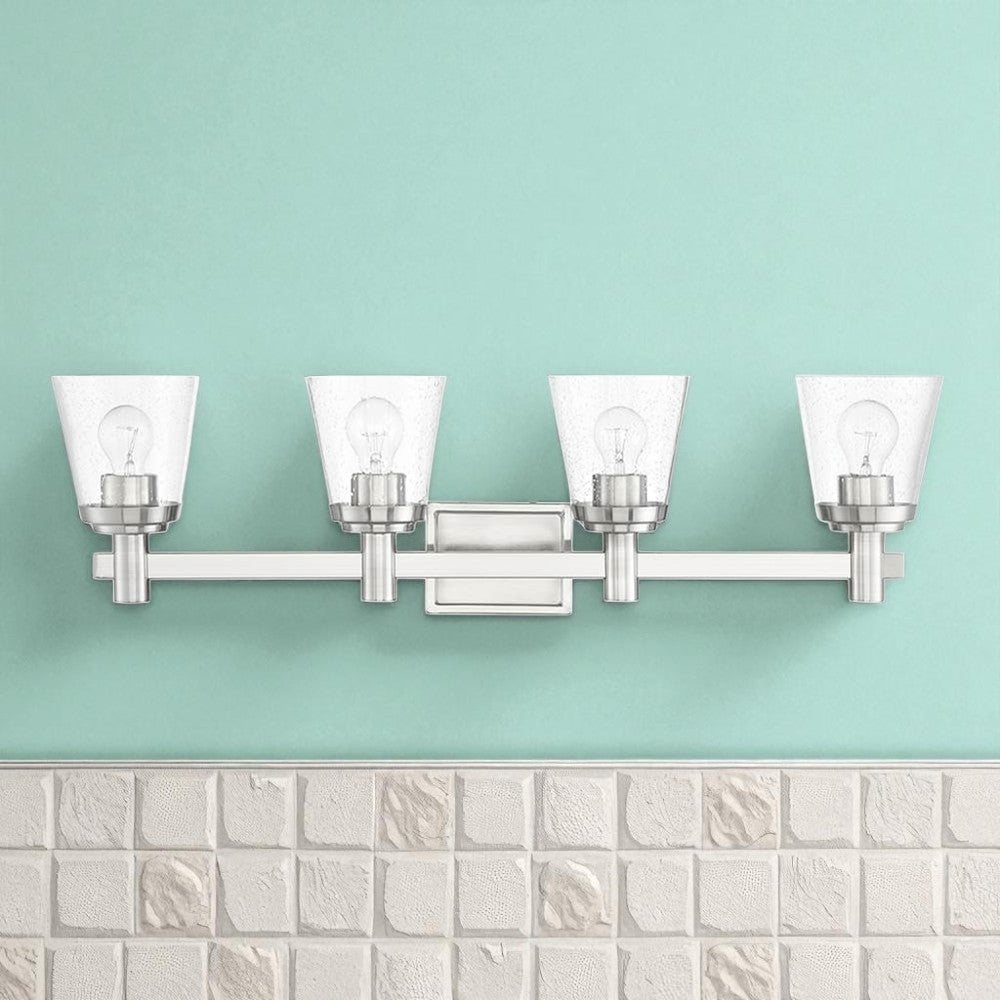 Sunset Lighting Riella 4-Light Mb Vanity Clear Seeded Glass Bright Satin Nickel F24104-80