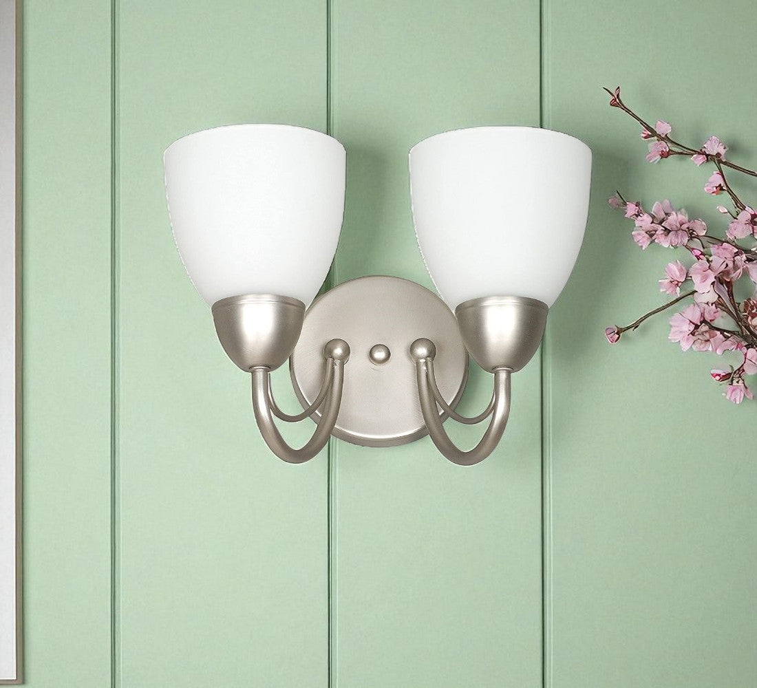 Sunset Lighting Wall Sconce 12" 2-Light Opal Glass, Satin Nickel Finish F2472-53