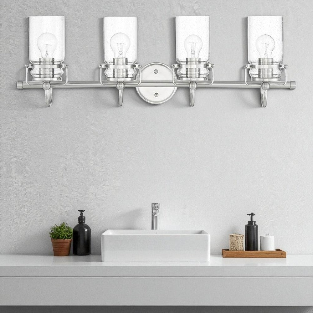 Sunset Lighting Qairo 4-Light Mb Vanity Clear Seeded Glass Bright Satin Nickel F25204-80