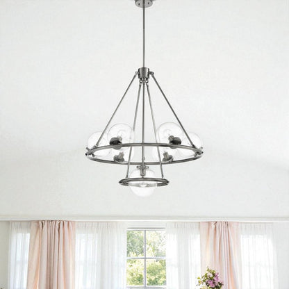 Sunset Lighting F26117-57 Messier 7 Light Chandelier - Clear Seeded Glass Globe - Dimmable - Antique Gunmetal Finish