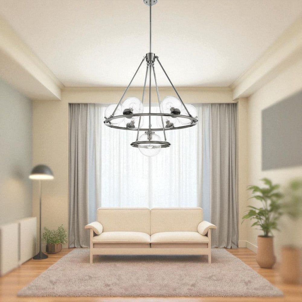 Sunset Lighting F26117-57 Messier 7 Light Chandelier - Clear Seeded Glass Globe - Dimmable - Antique Gunmetal Finish
