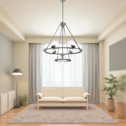 Sunset Lighting F26117-57 Messier 7 Light Chandelier - Clear Seeded Glass Globe - Dimmable - Antique Gunmetal Finish