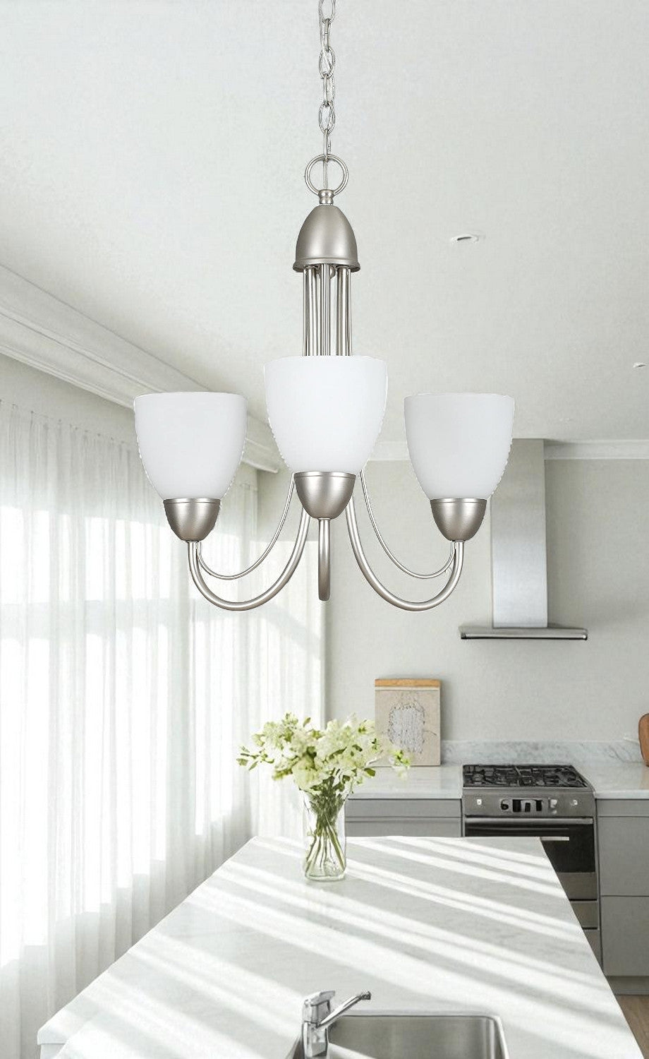 Sunset Lighting 19" 3-Light Chandelier Opal Glass, Satin Nickel Finish F2683-53 - GU-24 socket base