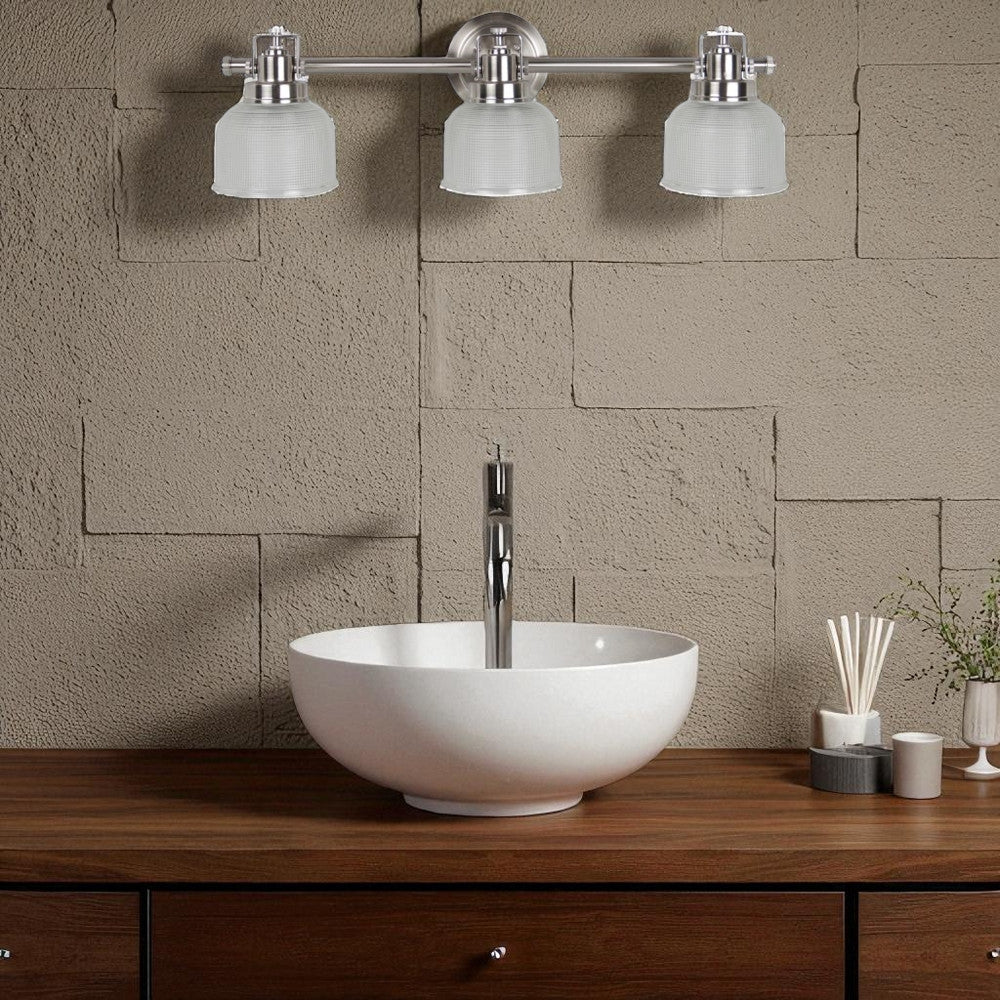 Sunset Lighting 3-Light 100W Wren Vanity Clear Double Prismatic Glass Dimmable with Bright Satin Nickel Finish F3193-80