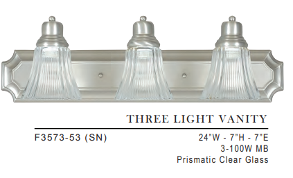Sunset Lighting 3-Light Vanity Prismatic Clear Glass Satin Nickel Finish - F3573-53