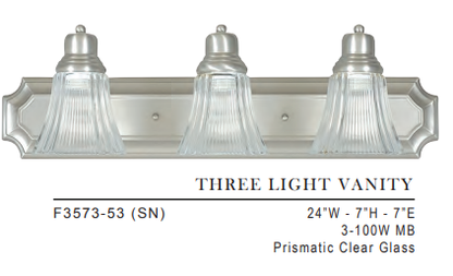 Sunset Lighting 3-Light Vanity Prismatic Clear Glass Satin Nickel Finish - F3573-53