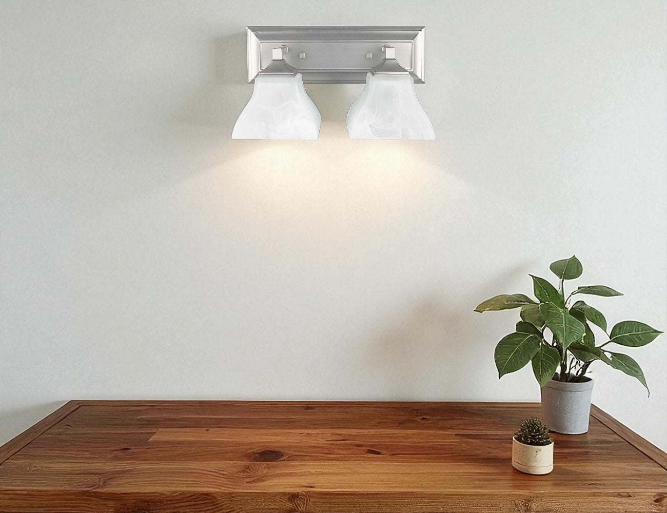 Sunset Lighting 2-Light Vanity w/ Faux Alabaster Glass, Bright Satin Nickel Finish F3642-80