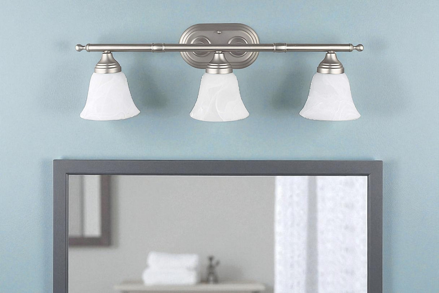 Sunset Lighting 3-Light Vanity w/ Faux Alabaster Glass, Bright Satin Nickel Finish - F3653-80