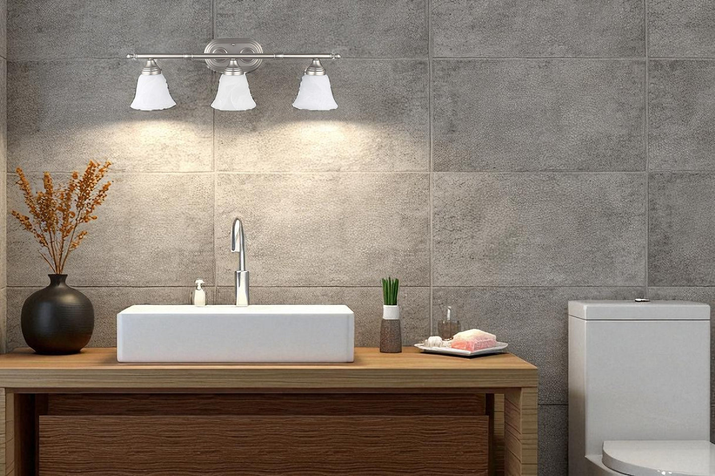 Sunset Lighting 3-Light Vanity w/ Faux Alabaster Glass, Bright Satin Nickel Finish - F3653-80