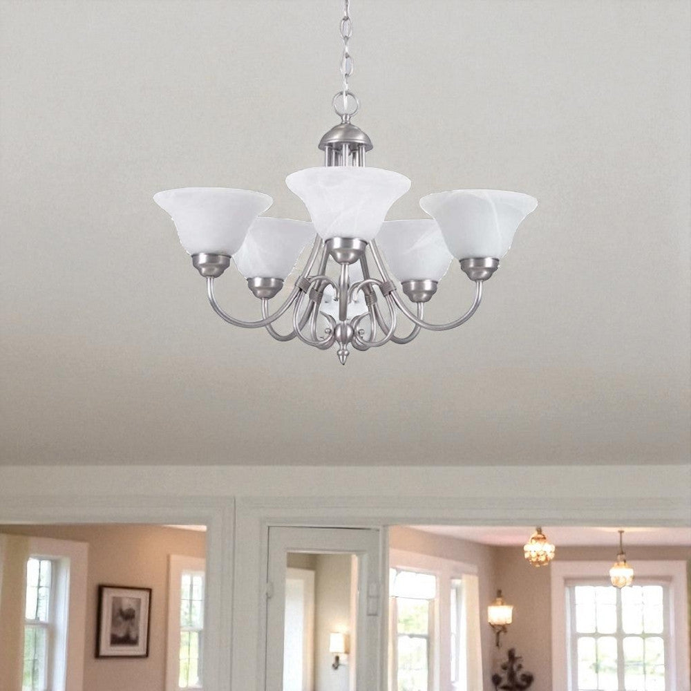 Sunset Lighting F6345-53 Chandelier with Faux Alabaster Glass, Satin Nickel Finish